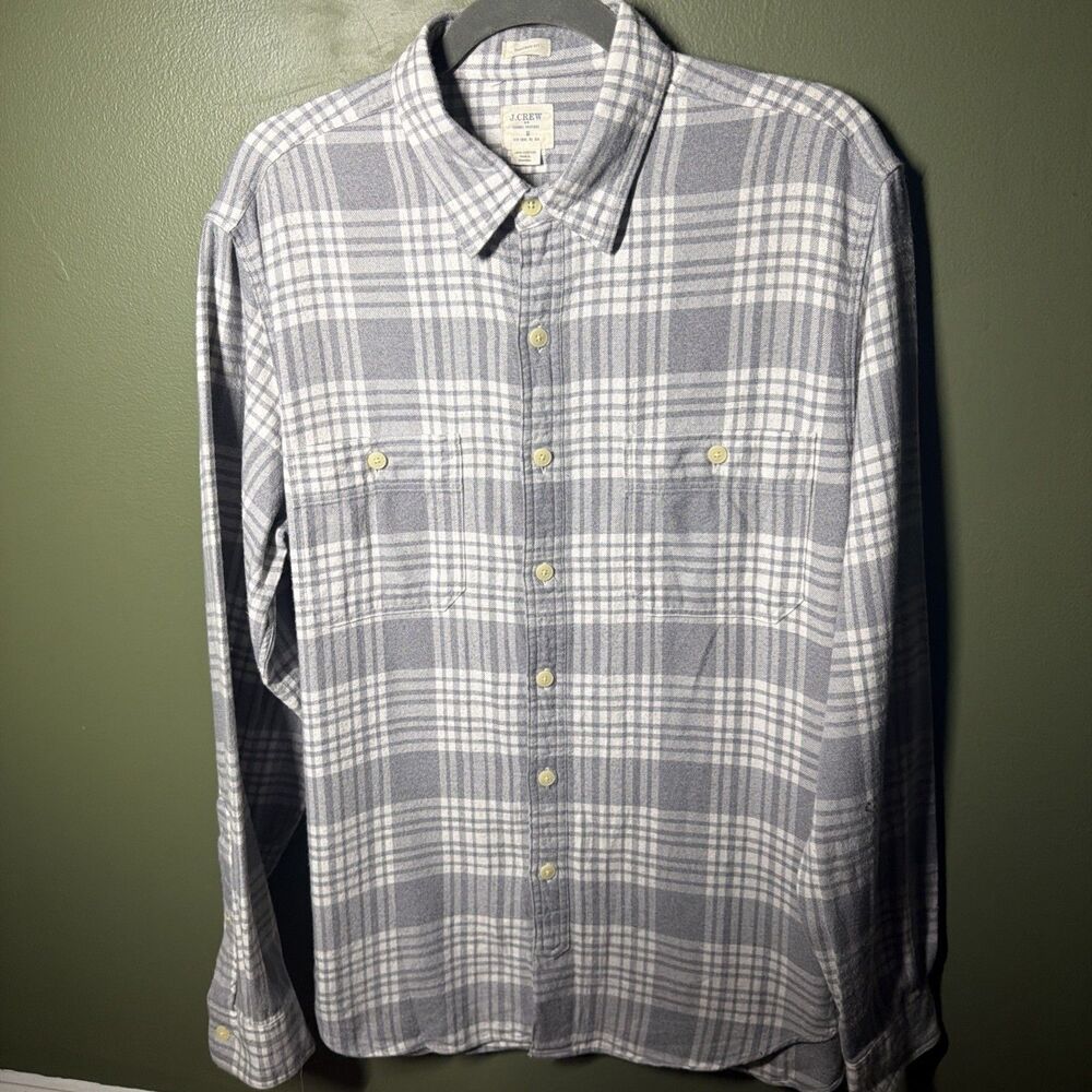 J.Crew Flannel Shirt Mens Medium Grey White Plaid Tailored Fit Cotton